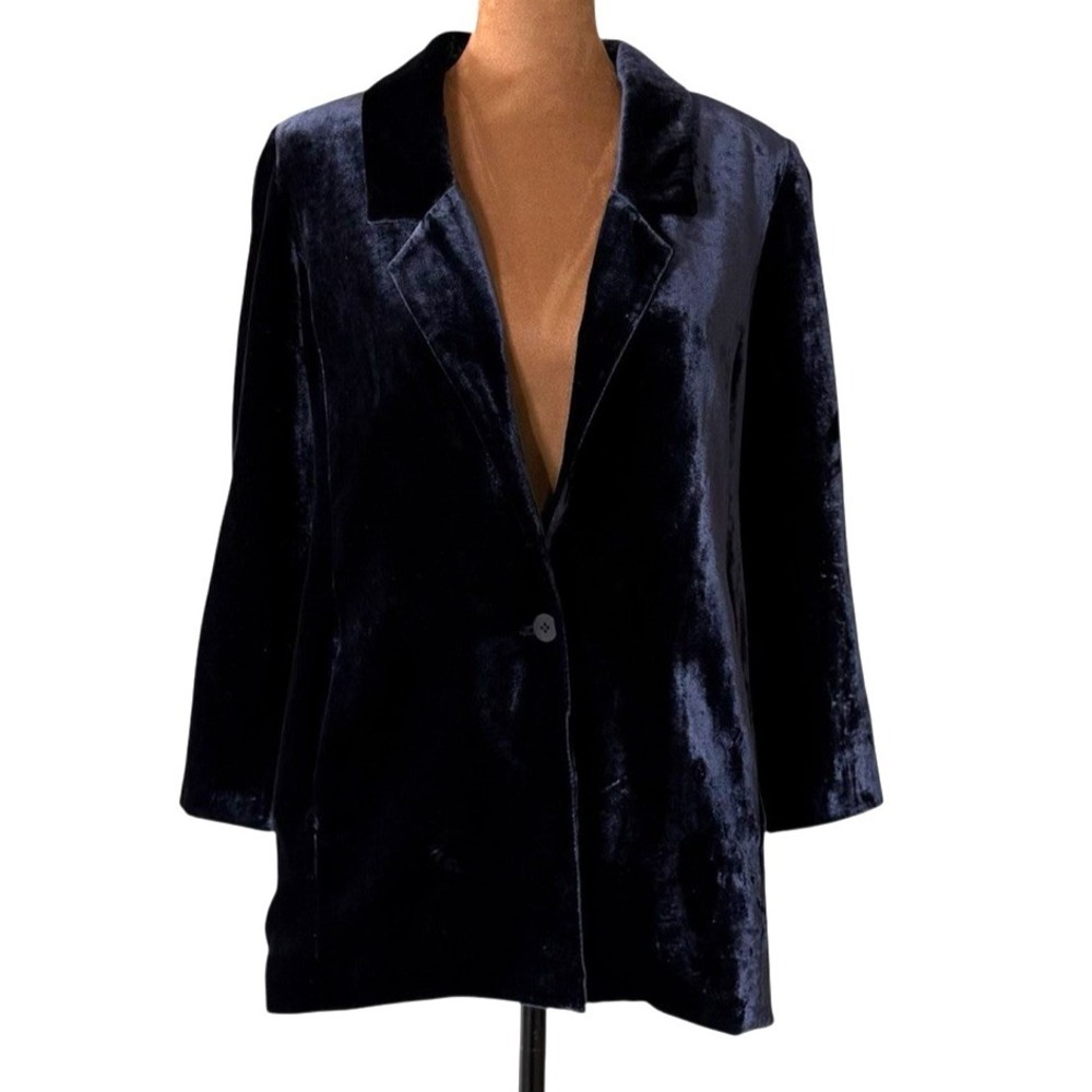 Eileen Fisher Blazer Womens XXS Velvet Silk Dark Blue Pockets Lightweight Soft